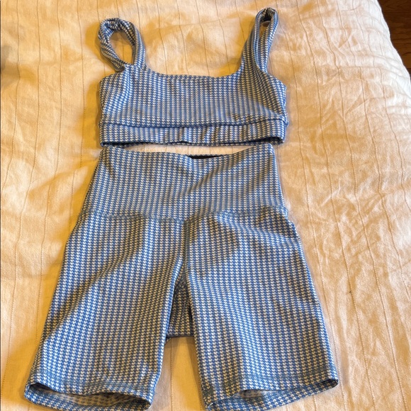 Strut-This Pants - Strut This Blue Houndstooth Biker Shorts and Bra Set